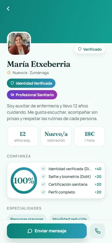Pantalla de perfil original de Aalbon: María, cuidadora ficticia con experiencia, especialidades y verificaciones simuladas.